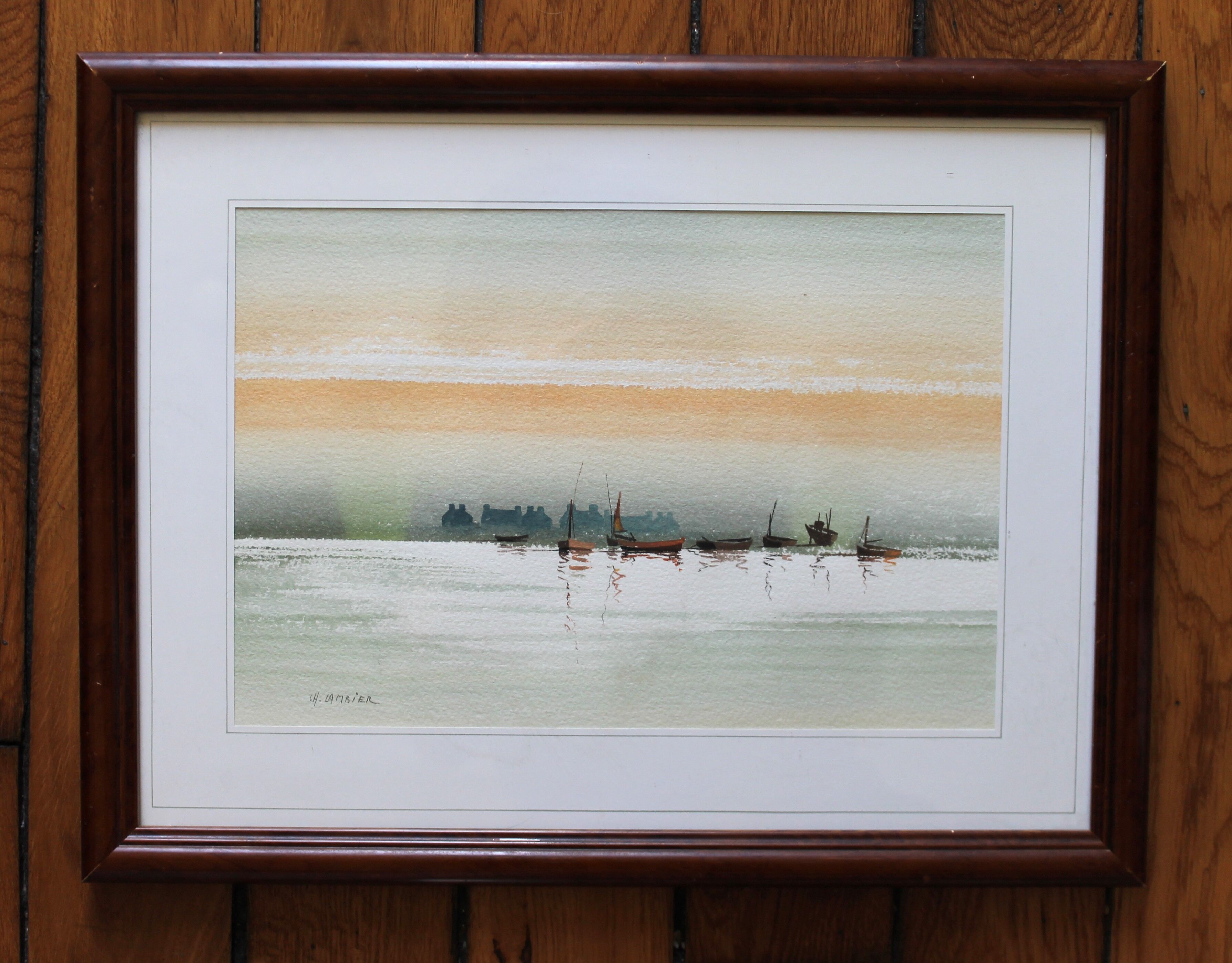 Watercolor "Au fil de l'eau" (boat on the sea) signed Cambier