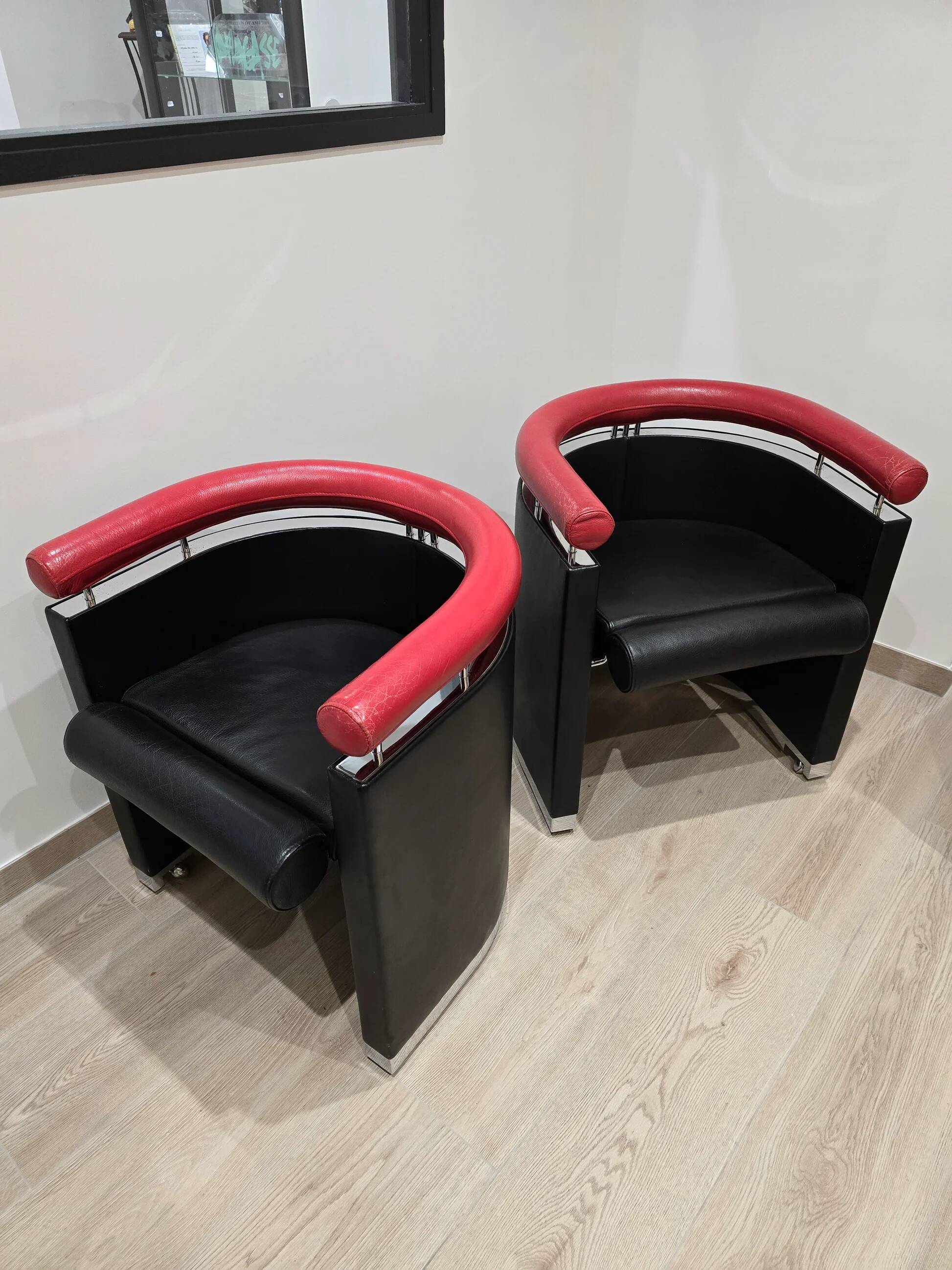 80's design leather and chrome metal armchairs