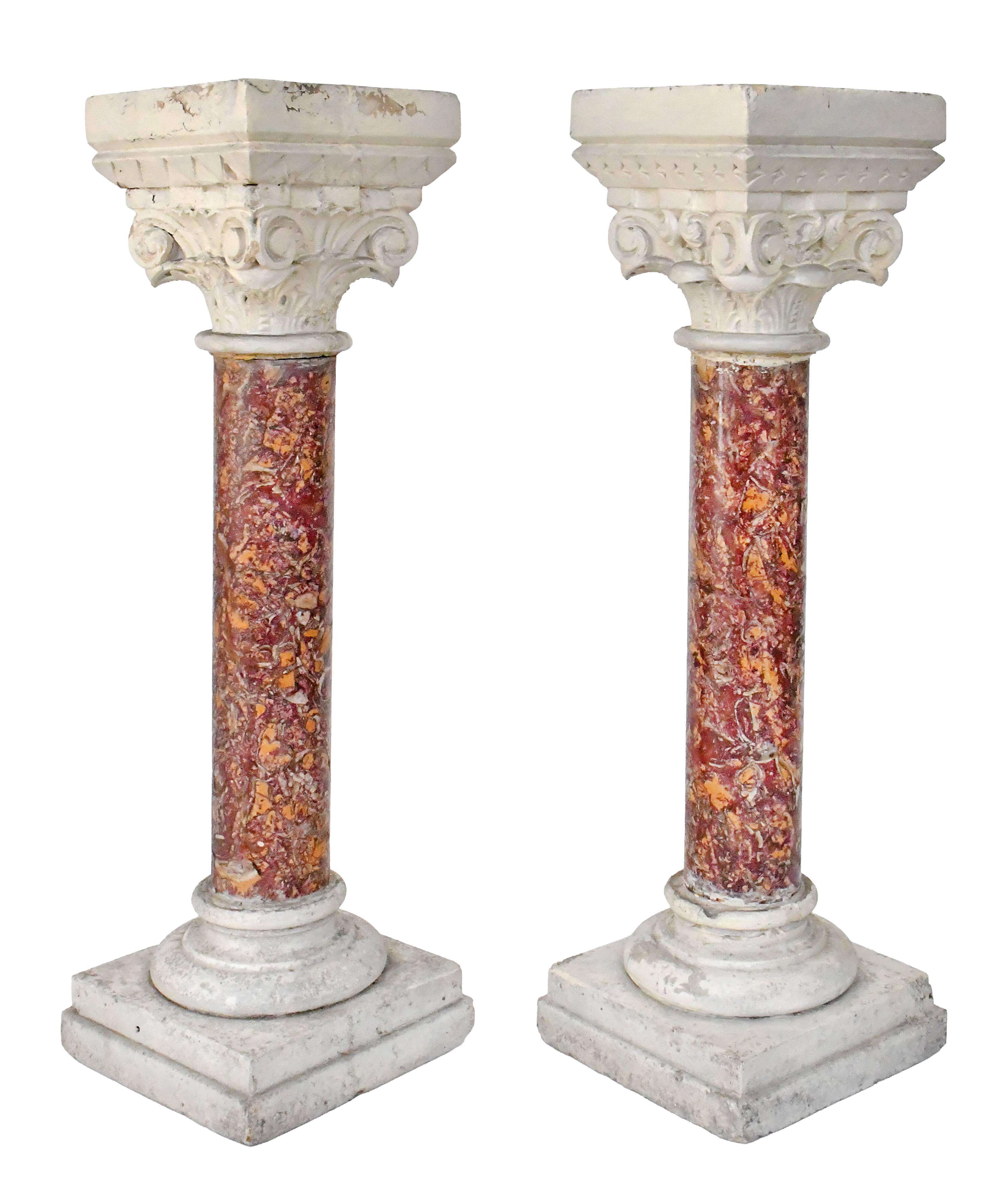 Pair of Brocatelle marble columns and stone with Corinthian capitals.