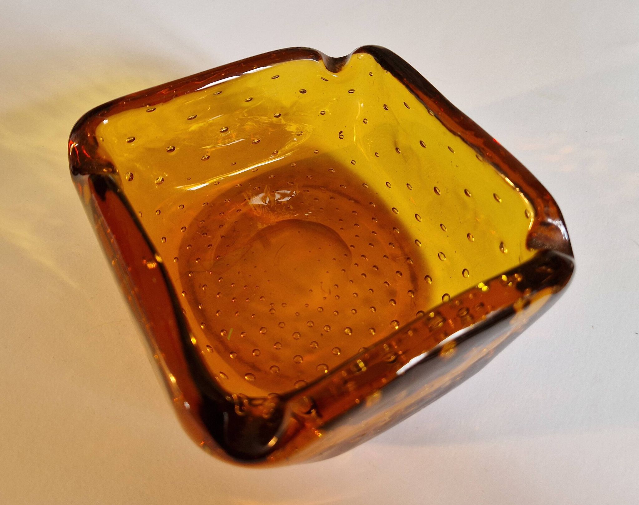 Italian Murano Amber Bubble Glass Ashtray Bowl Circa 1960