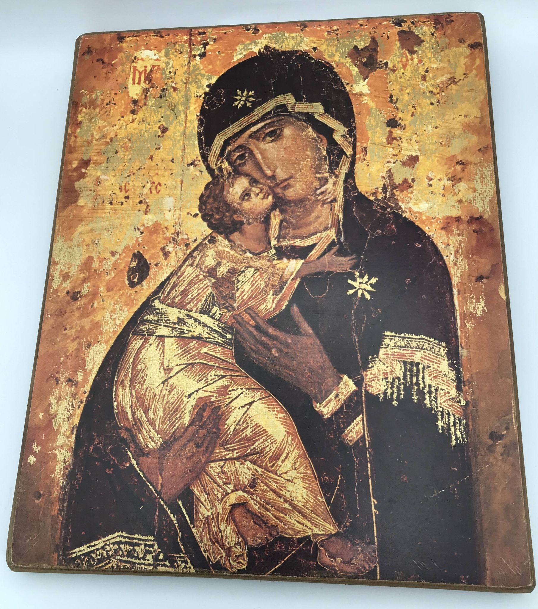 Religious ICON of the Virgin Vladimir Holy Theotokos on wooden support