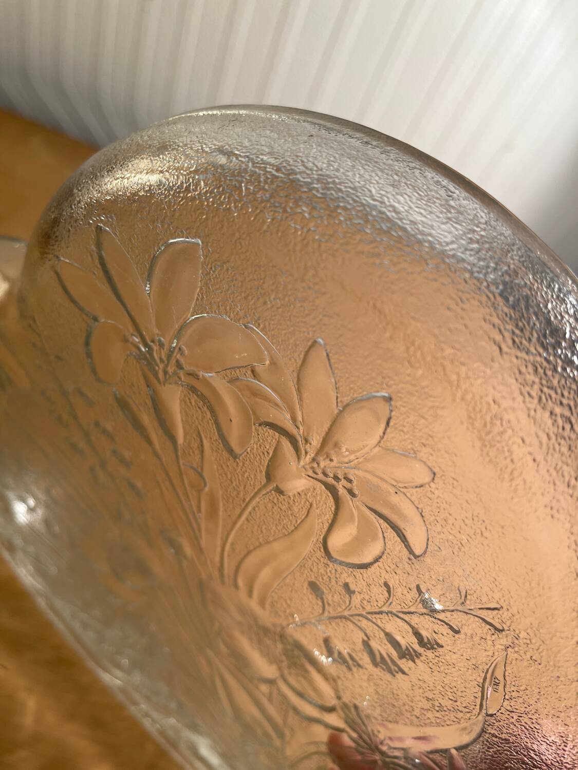Vintage etched glass heart shaped dish with floral pattern
