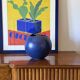 Modern blue spherical ceramic vase, Italy 1970