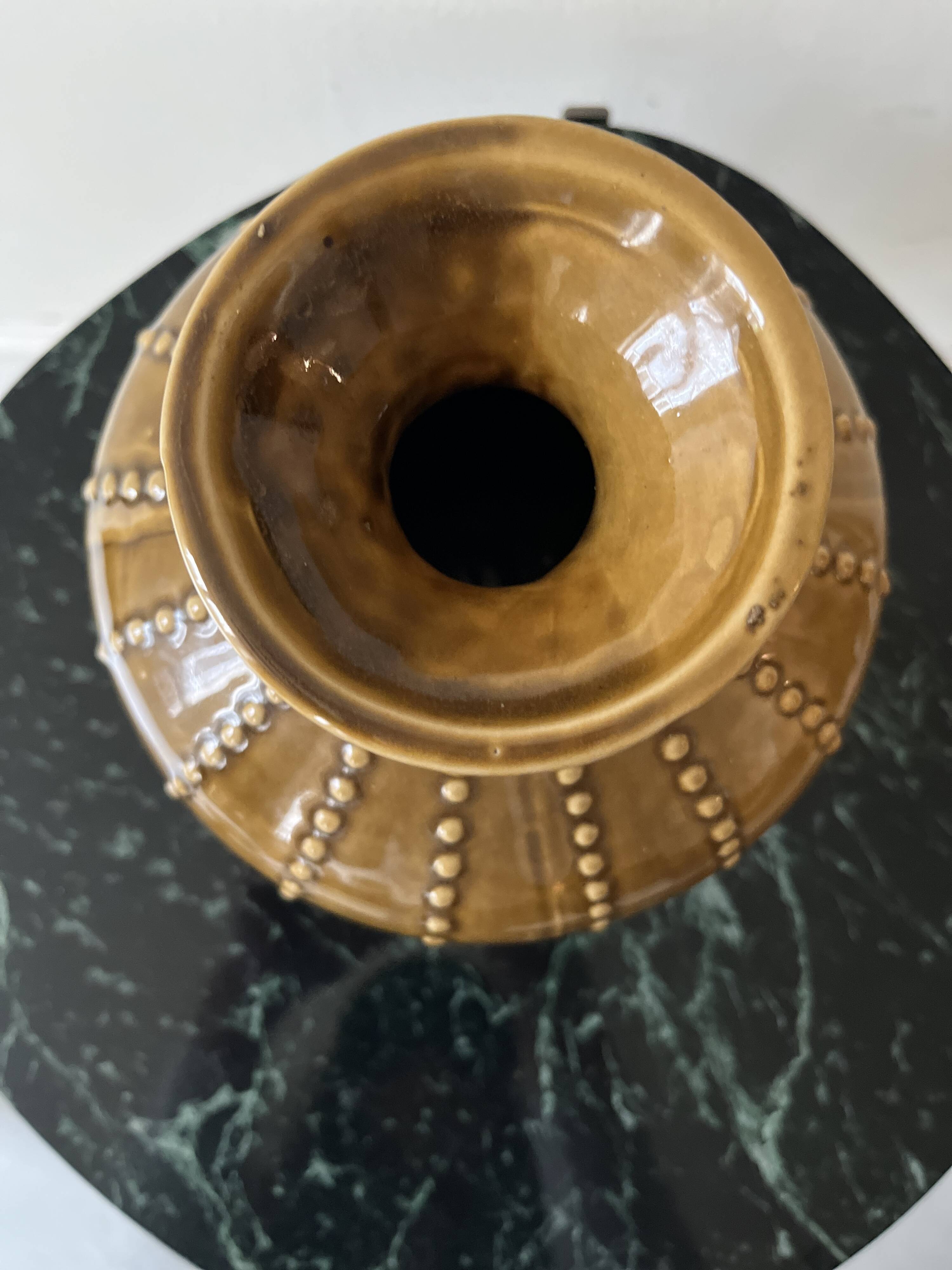 pear-shaped vase in ocher enameled ceramic and pearls