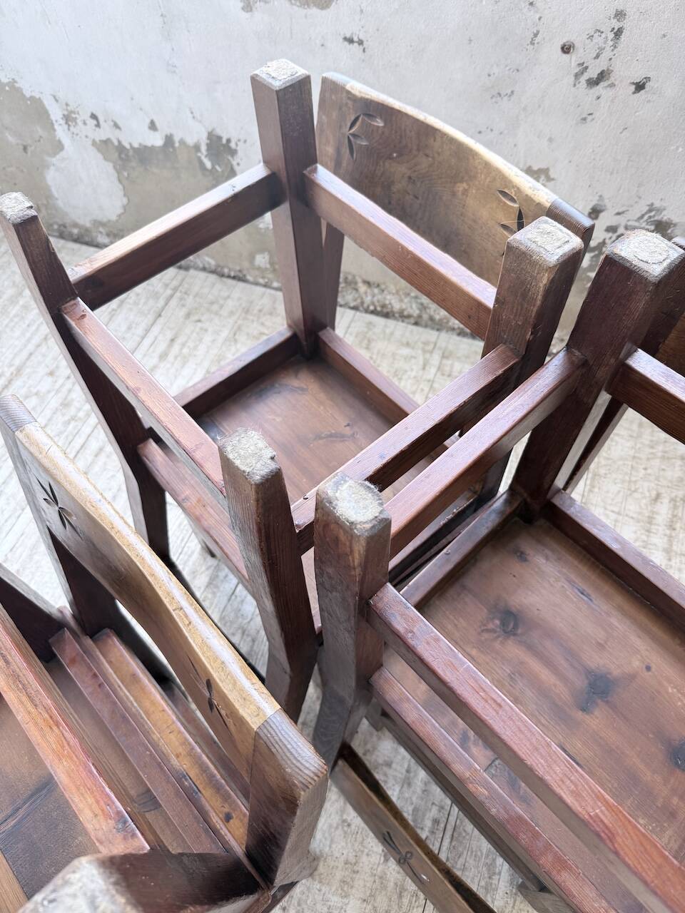 Set of 4 Savoyard pine folk art chairs from the 1950s.