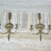 Pair of Two-Arm Bronze Wall Lights with Arrow and Mask Decoration