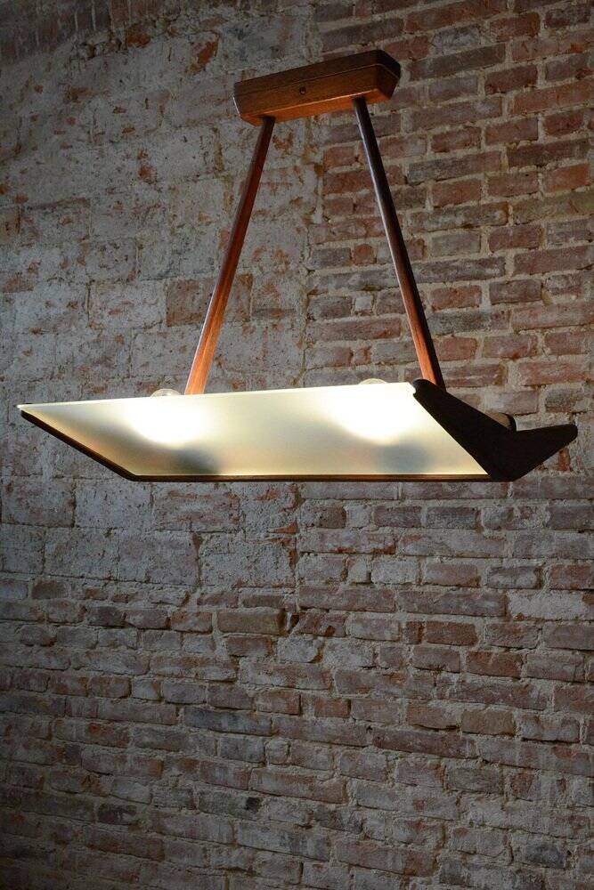 Mid-Century Chandelier in Beech and Milk Glass, Czech, 1950s