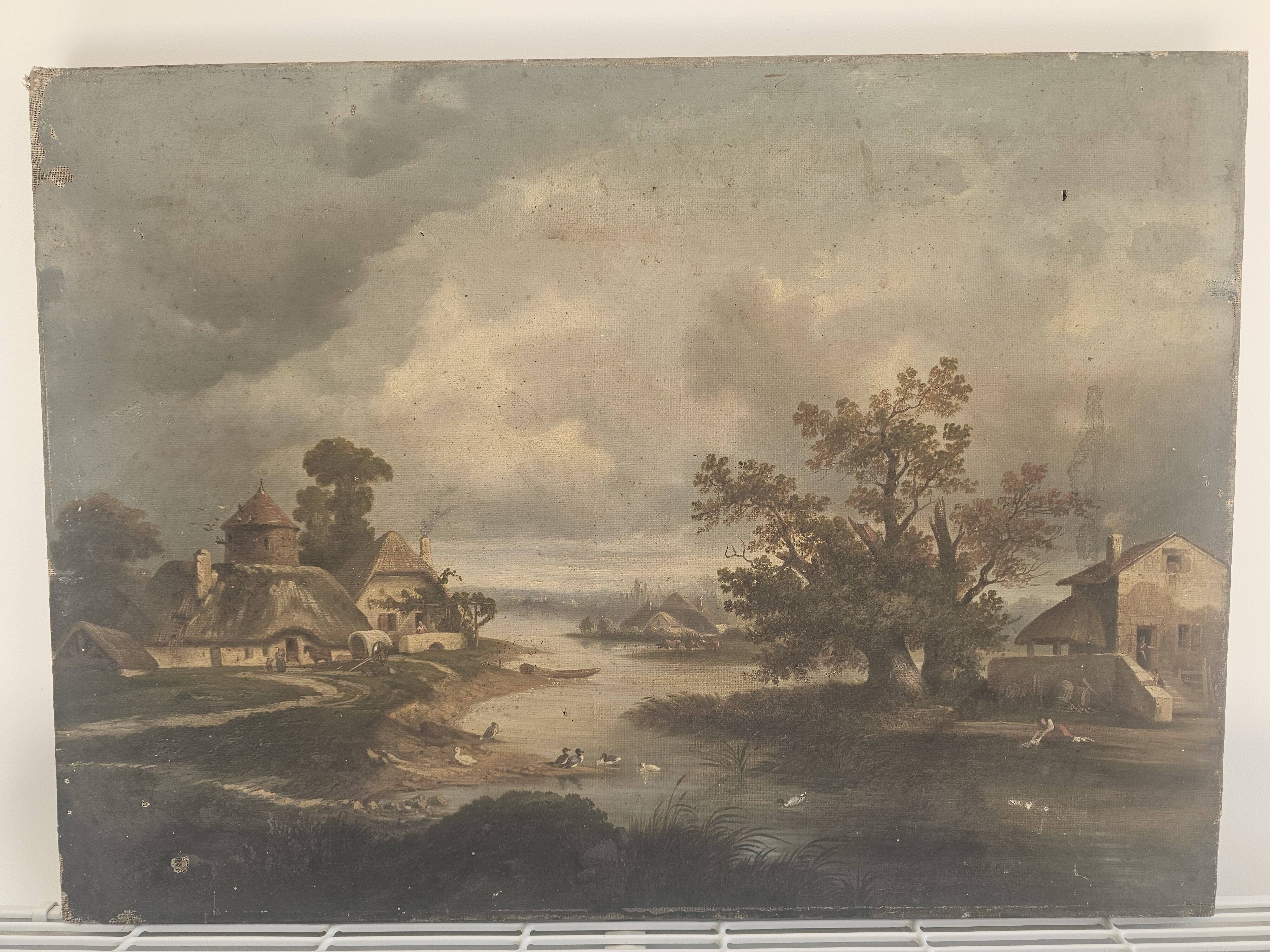 Oil Painting on Canvas Countryside Landscape School XIX - Signed C. Rougeot 18