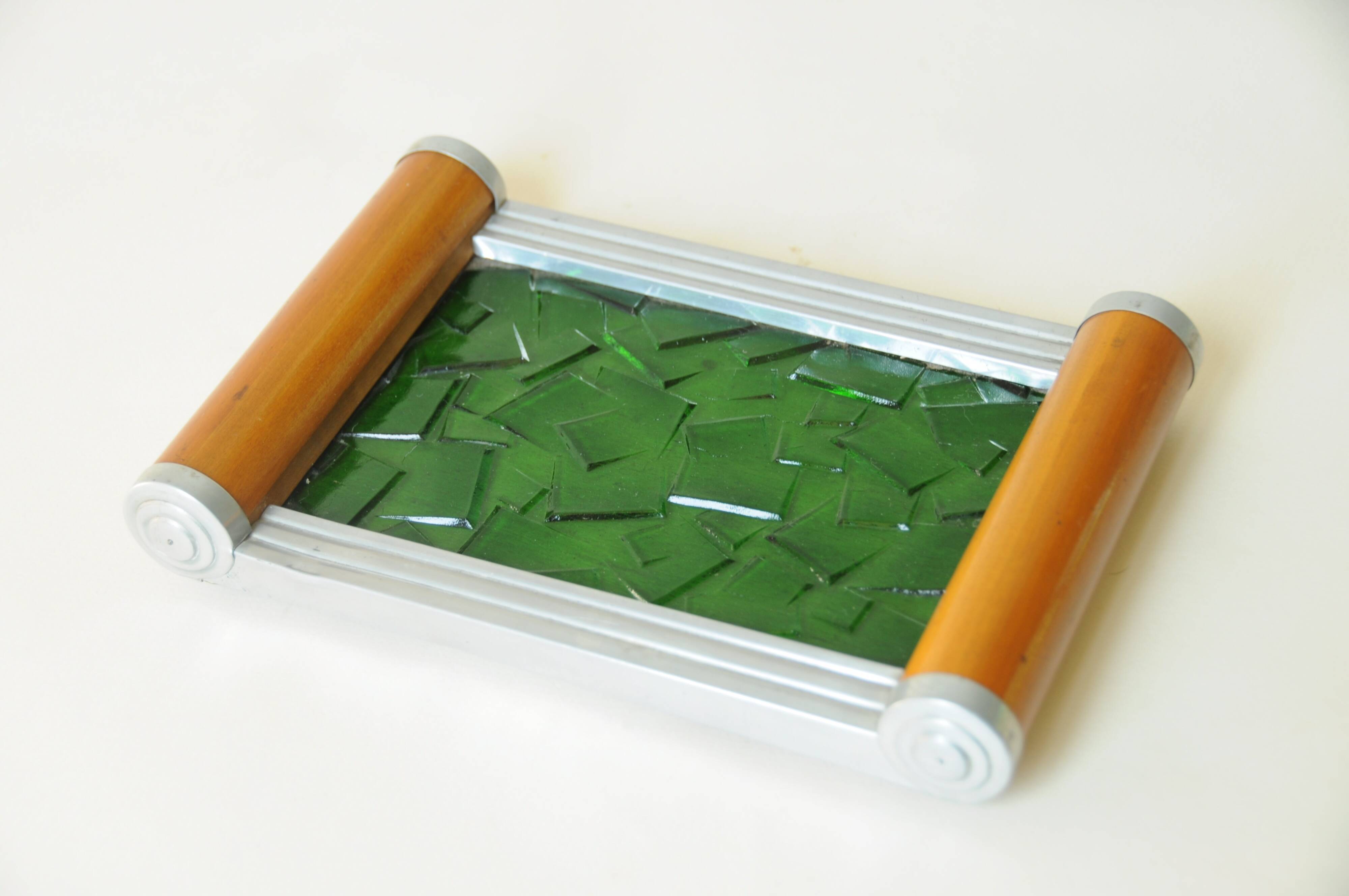 Original Art Deco vintage design plateau in green glass, wood and aluminium.