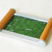 Original Art Deco vintage design plateau in green glass, wood and aluminium.