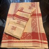 Vintage Large Damask Tablecloth with Six Monogram M Napkins.