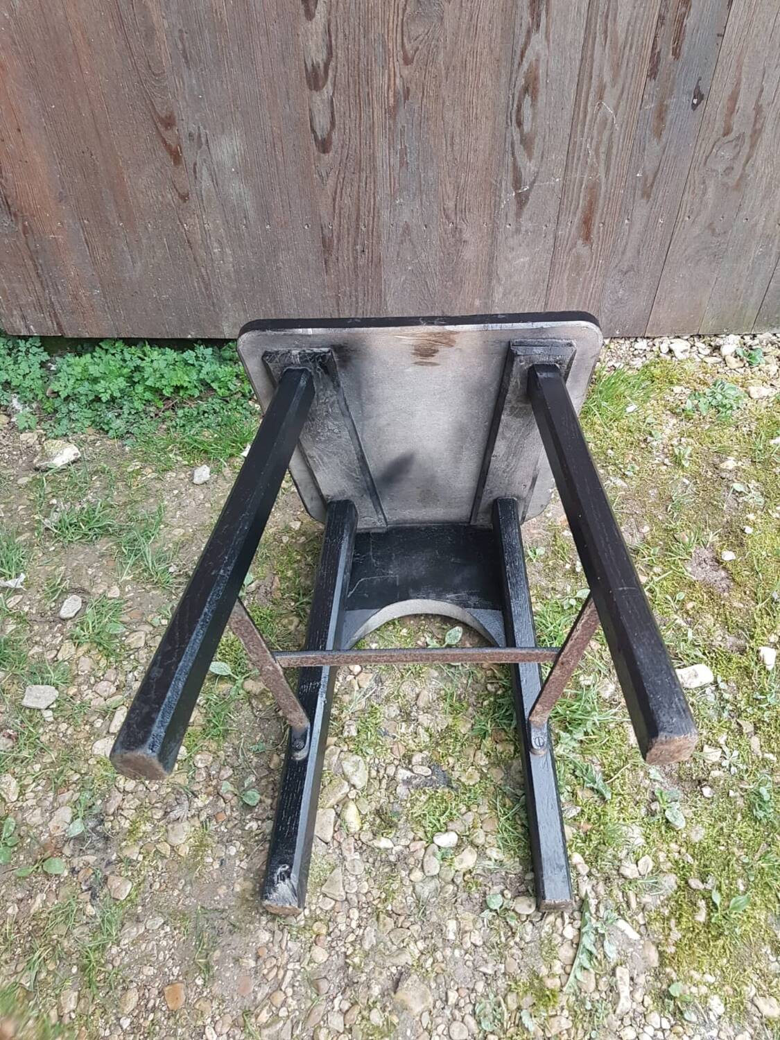 Old Alsatian mountain chair black wood back openwork shape vintage #a662