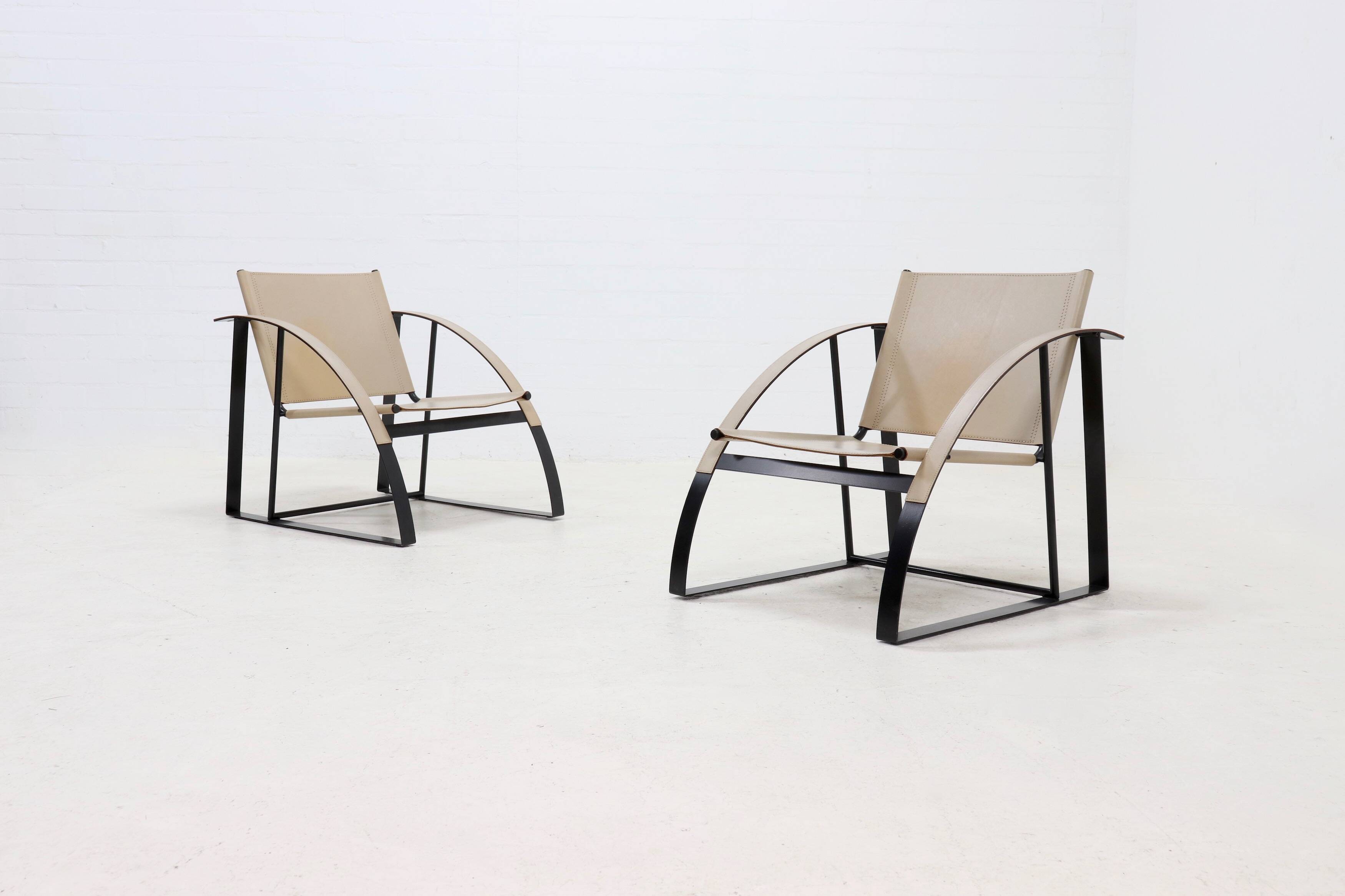 Set of 2 Post Modern Saddle Leather and Steel Armchairs 1970s