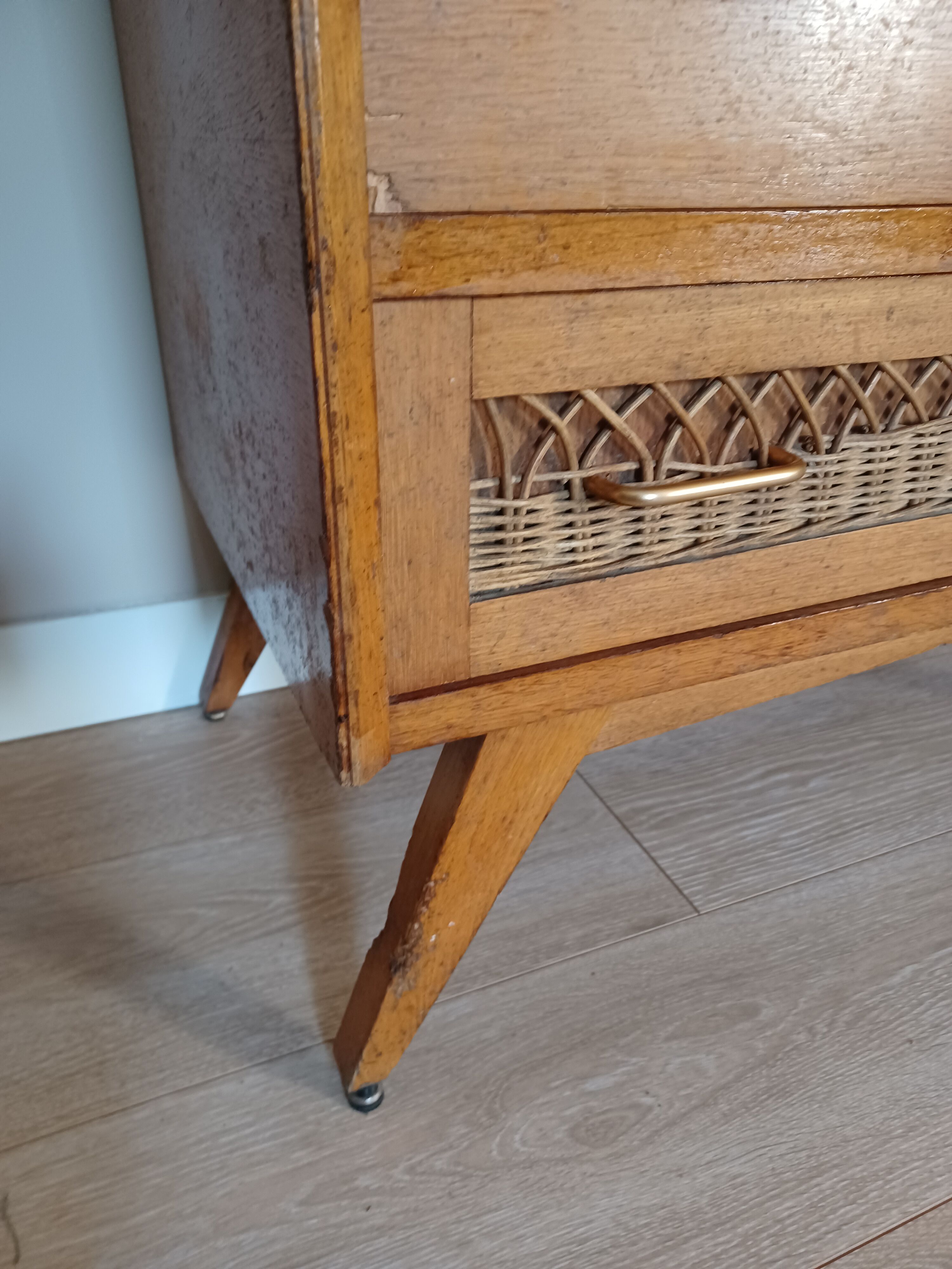 Commode bois et rotin vintage années 50