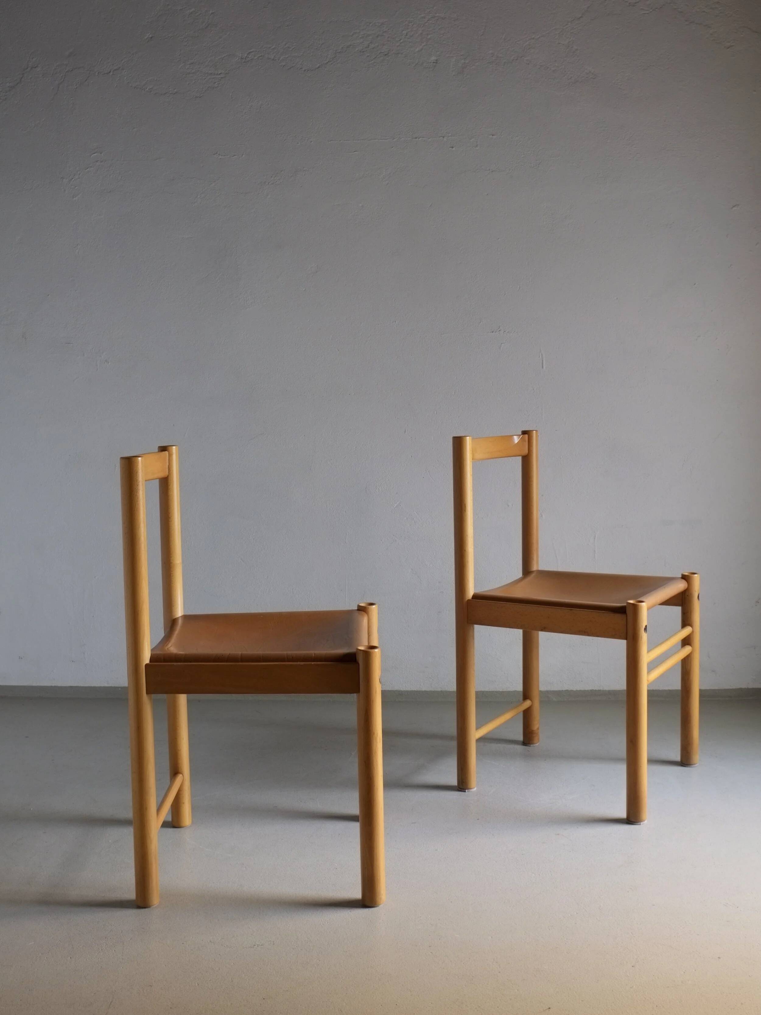 6 beech wood cognac leather chairs | Ibisco | Italy | 1960s