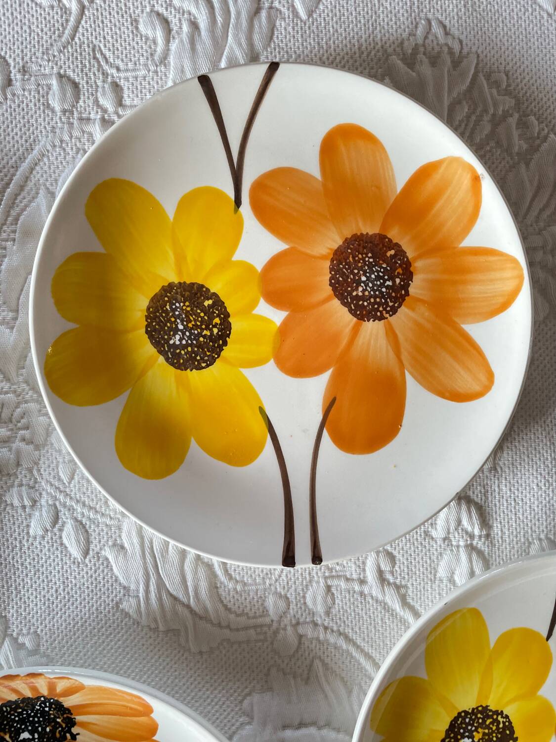 8 Assiettes à dessert Gien Fleurs peintes à la main Orange Vintage Année 70