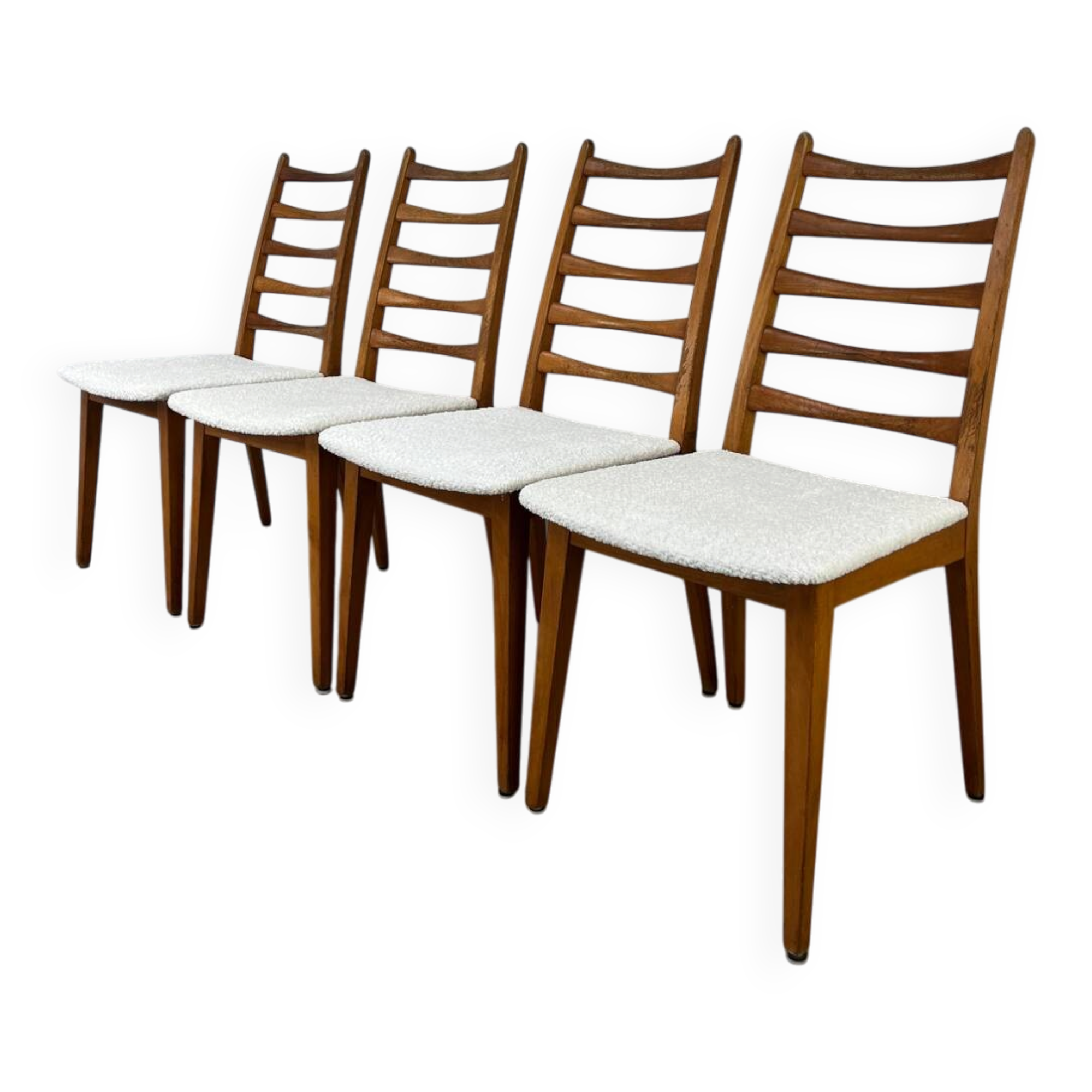 4 Scandinavian chairs, teak with boucle seats.