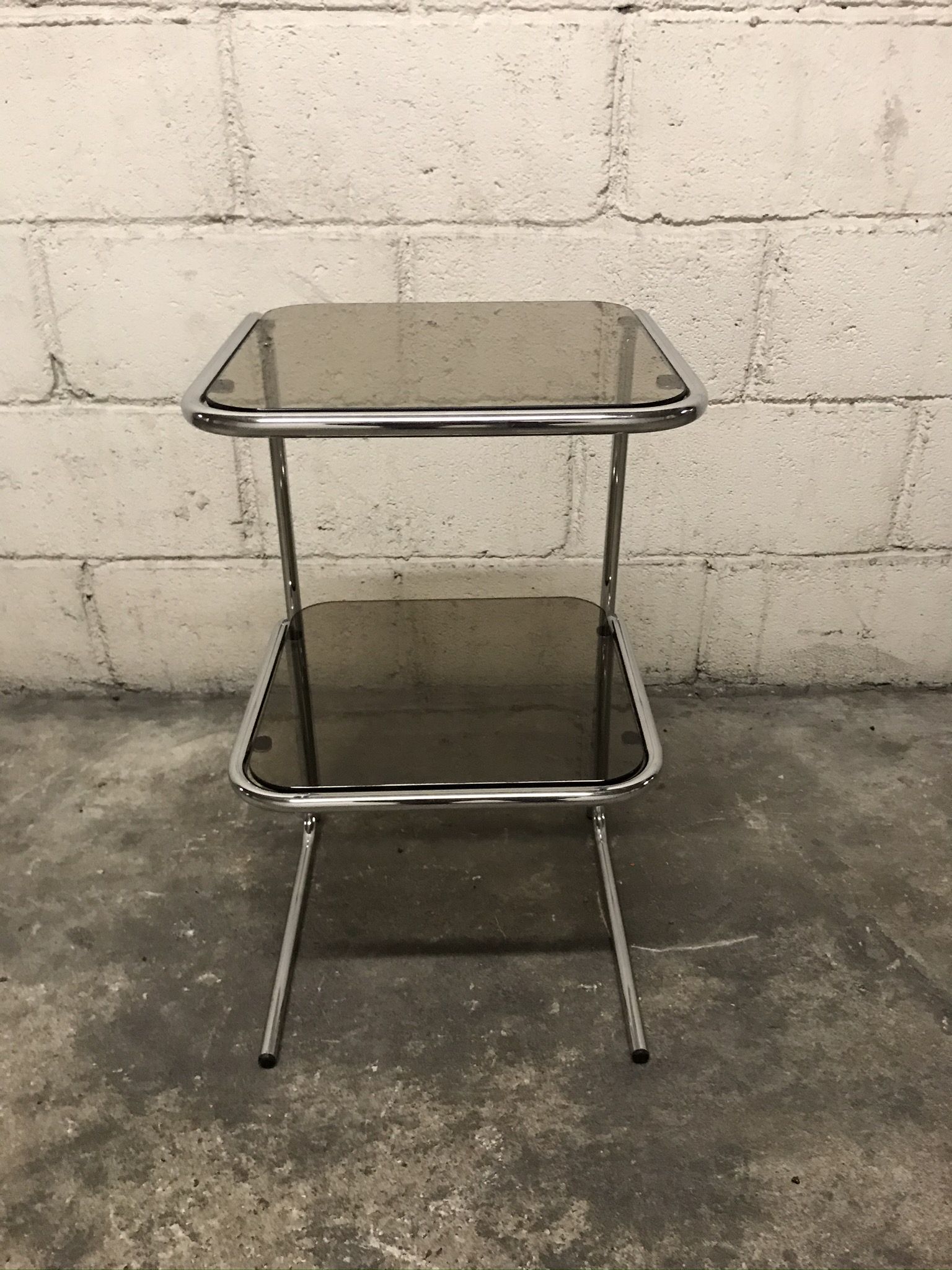 Sofa end in smoky glass and chrome metal, 70s