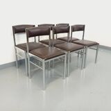 Set of 6 vintage chairs from the 70s in chrome metal and brown faux leather.