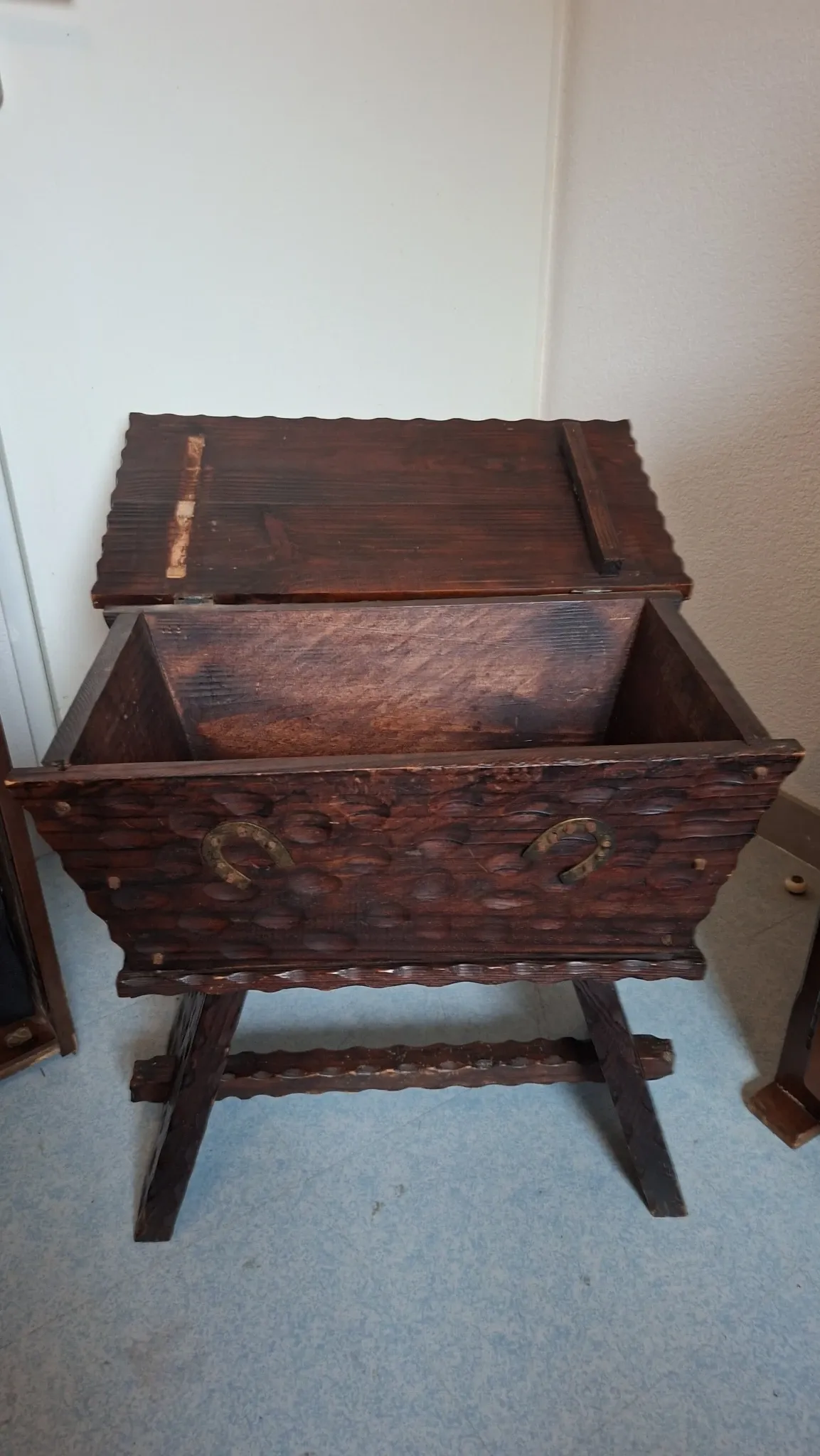 antique carved wooden bread kneader / rustic trunk chest