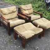 Wood & Leather Armchairs With Pouf, Set of 4