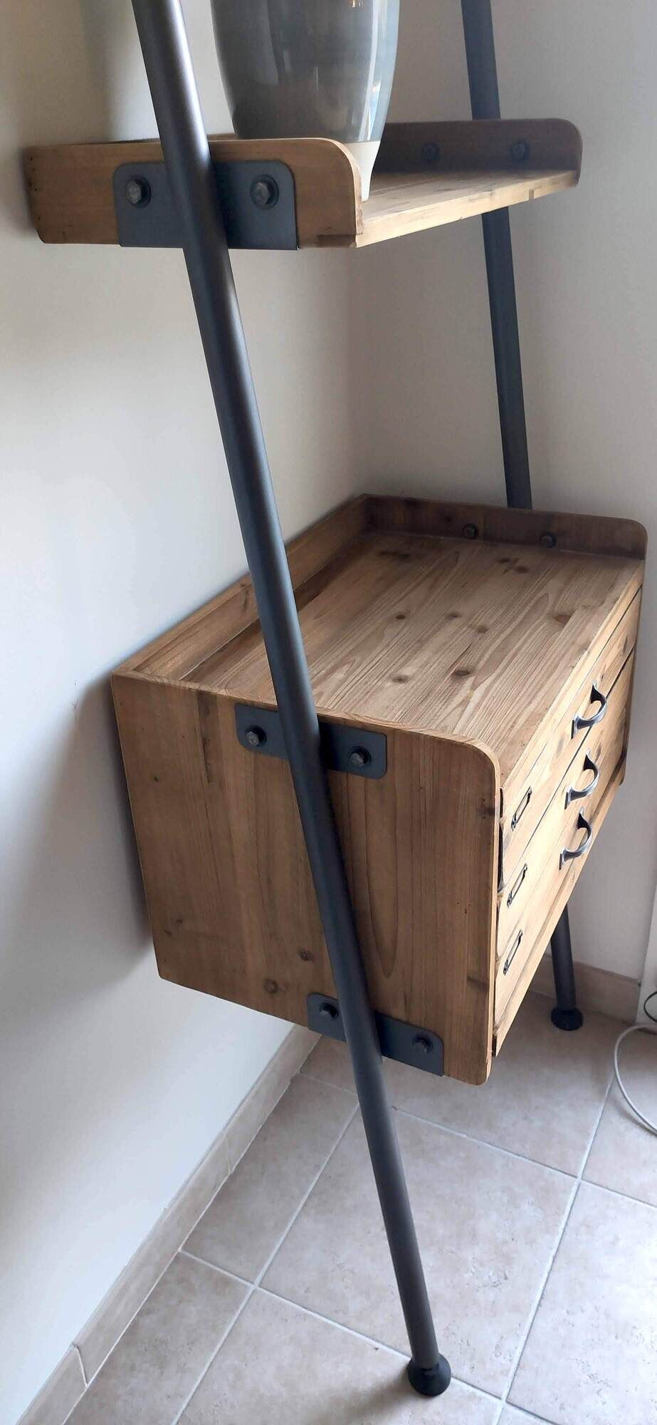 Large shelf drawers wood fir / metal 67 x 200 cm