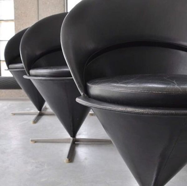 Set de 6 chaises cone vintage en cuir noir par Verner Panton pour Gebrüder Nehl