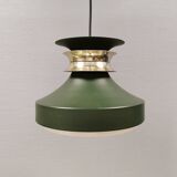 Hanging lamp in green lacquered metal with golden “ring” and bottom grille.