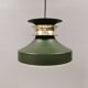 Hanging lamp in green lacquered metal with golden “ring” and bottom grille.