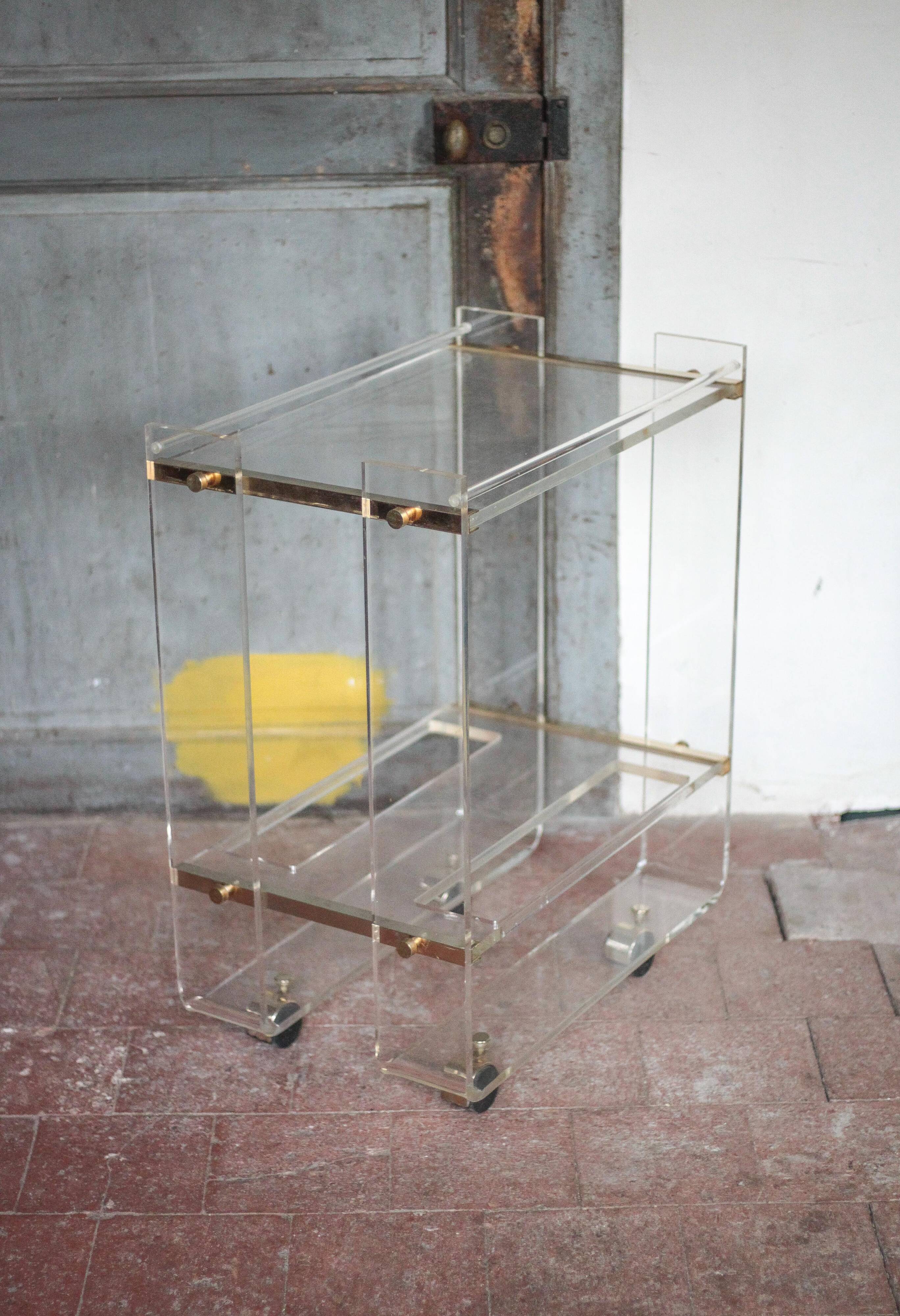 David Lange trolley, plexiglass and brass trolley, rolling bar, decoration