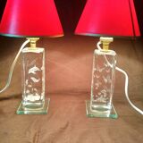 Pair of transparent glass bedside lamp bases - rectangular hologram lamp