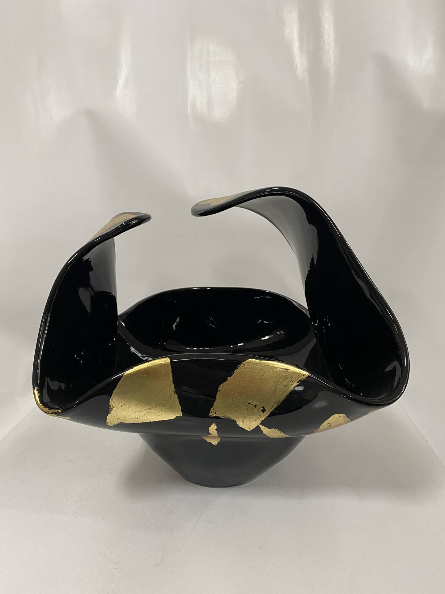 Black Murano-Style Art Glass Centerpiece Bowl with Gold Leaf Accents