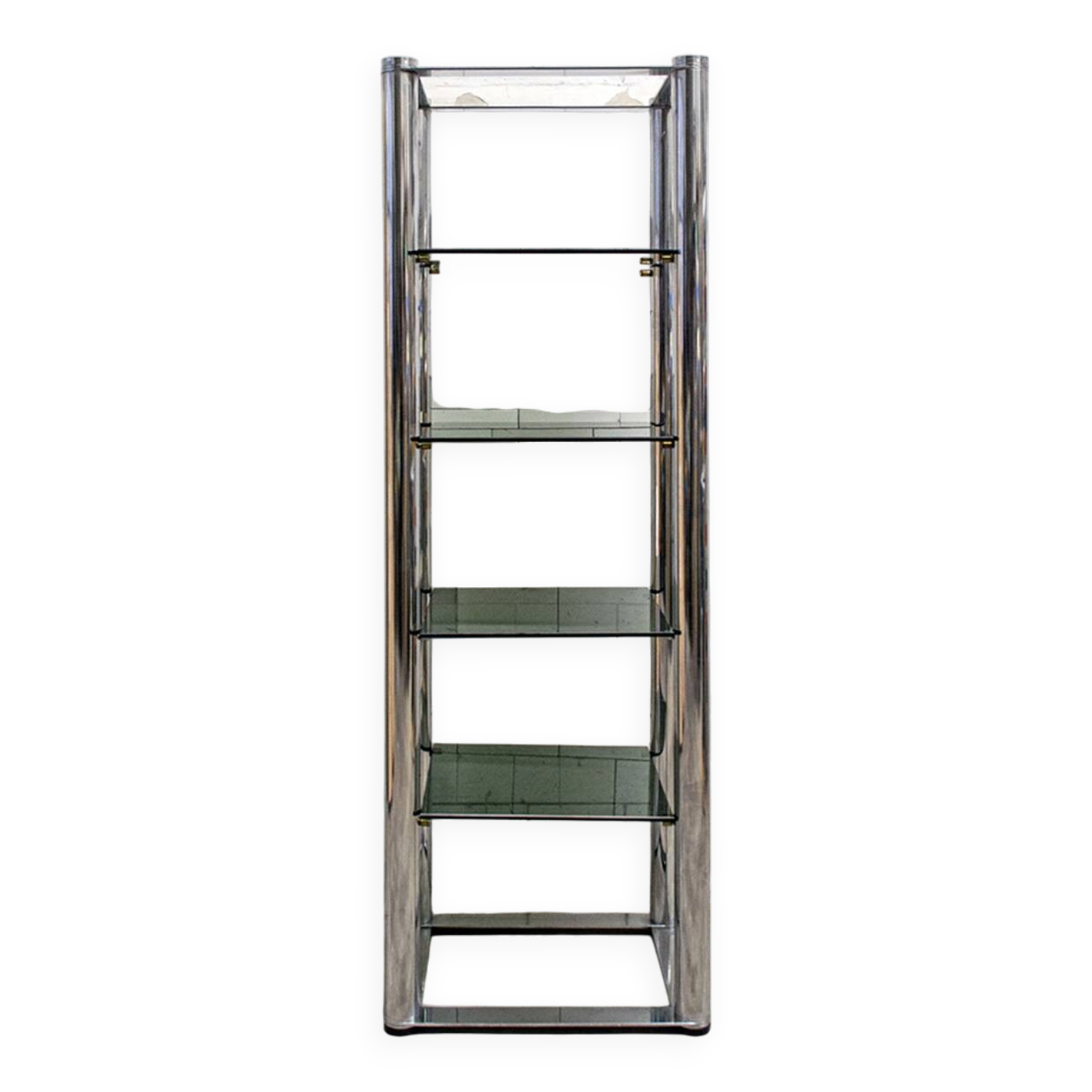 Libreria autoportante in acciaio cromato e vetro fumé, Italia, anni '70