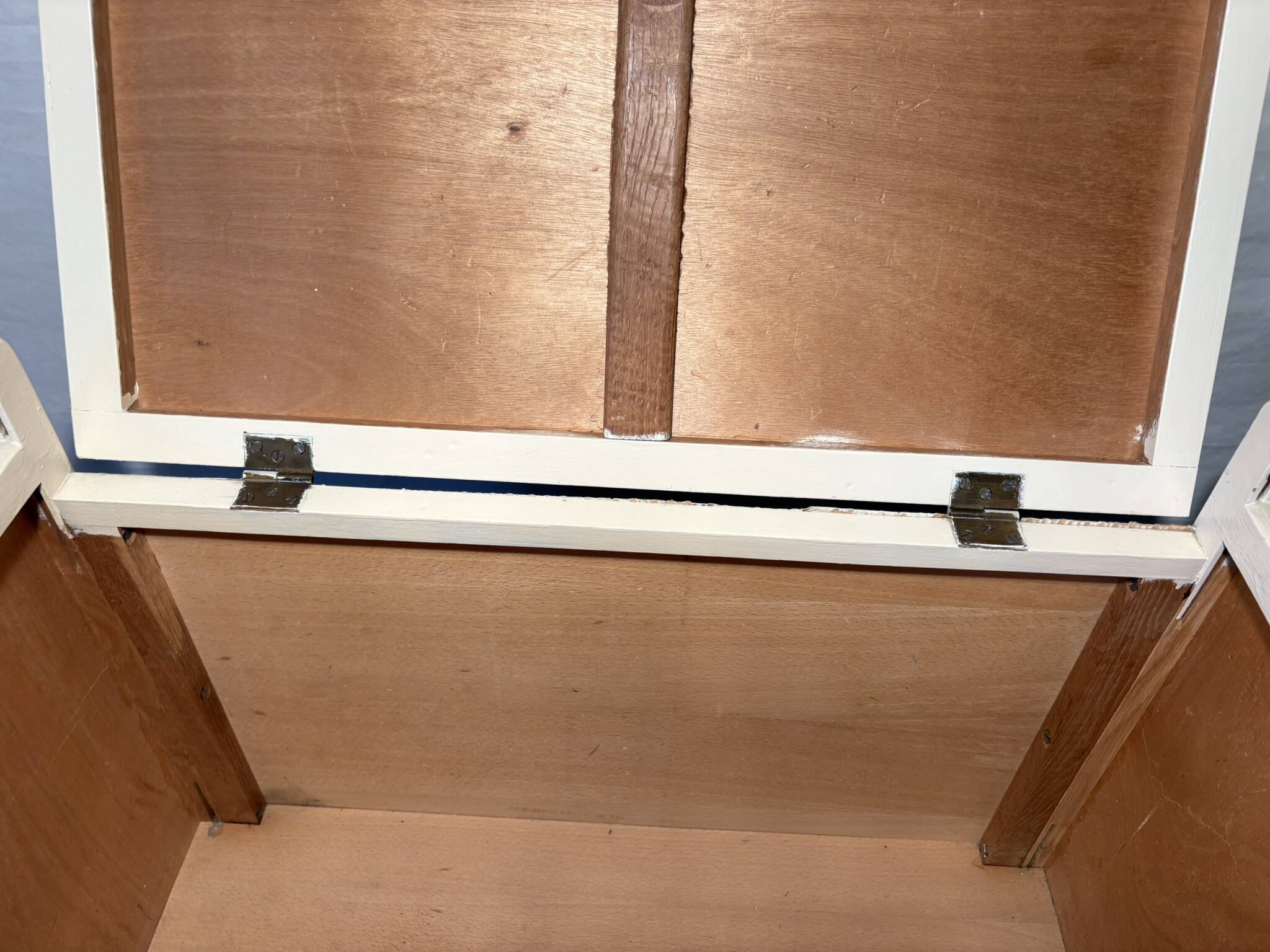 Vintage upholstered chest, white lacquered wooden structure, 1960s-70s