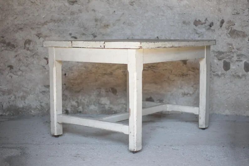 Antique wooden table, wheeled side table, kitchen table, interior decoration
