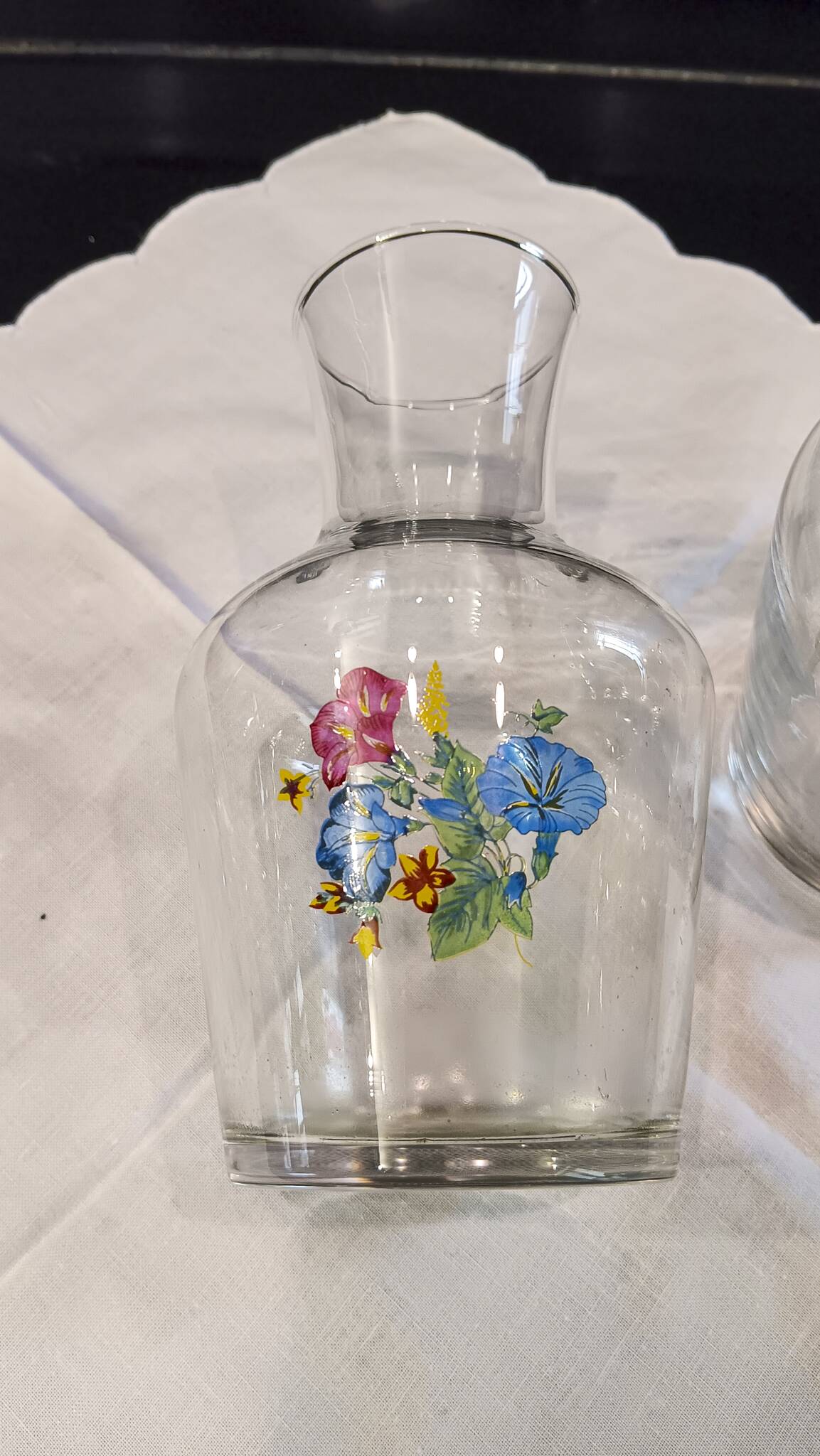 3 glass carafes, vintage. Very pretty floral pattern.