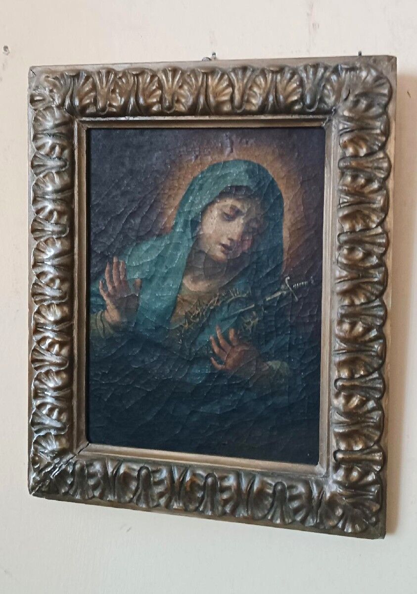 Old oil painting on canvas "Our Lady of Sorrows"