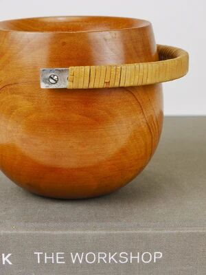 Carl Aubock sugar bowl & tongs, walnut, nickel, cane, no. 3536, 1940s