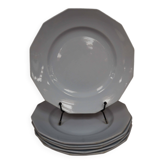 6 assiettes plates octogonales en faïence Moulin des loups couleur Bleu pâle