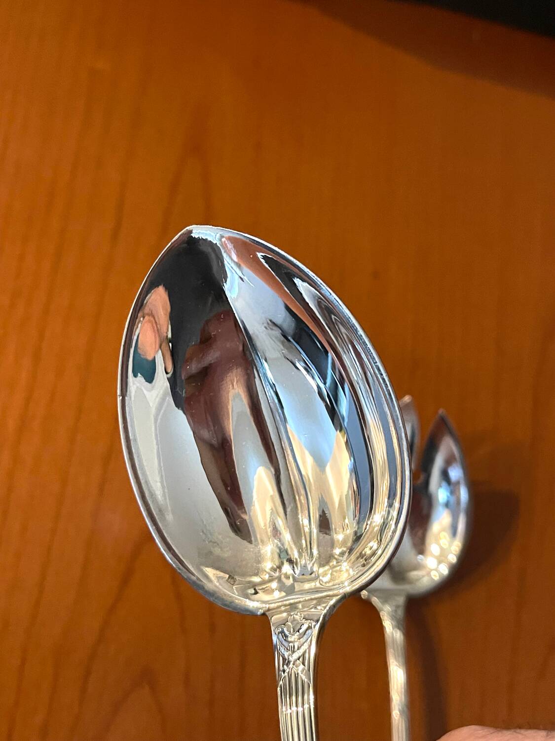 Christofle ribbon and bell-shaped salad serving pieces, very beautiful and