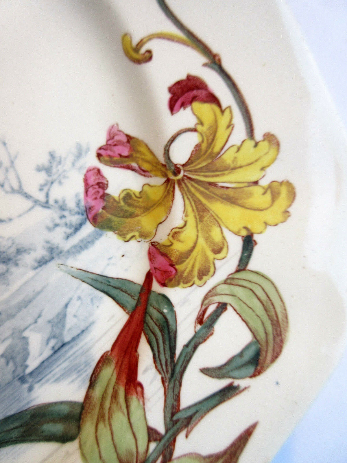 Assiette polychrome signée Kg Luneville 19ème lys et papillons