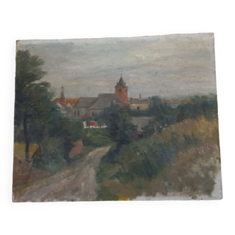 Huile sur toile paysage village