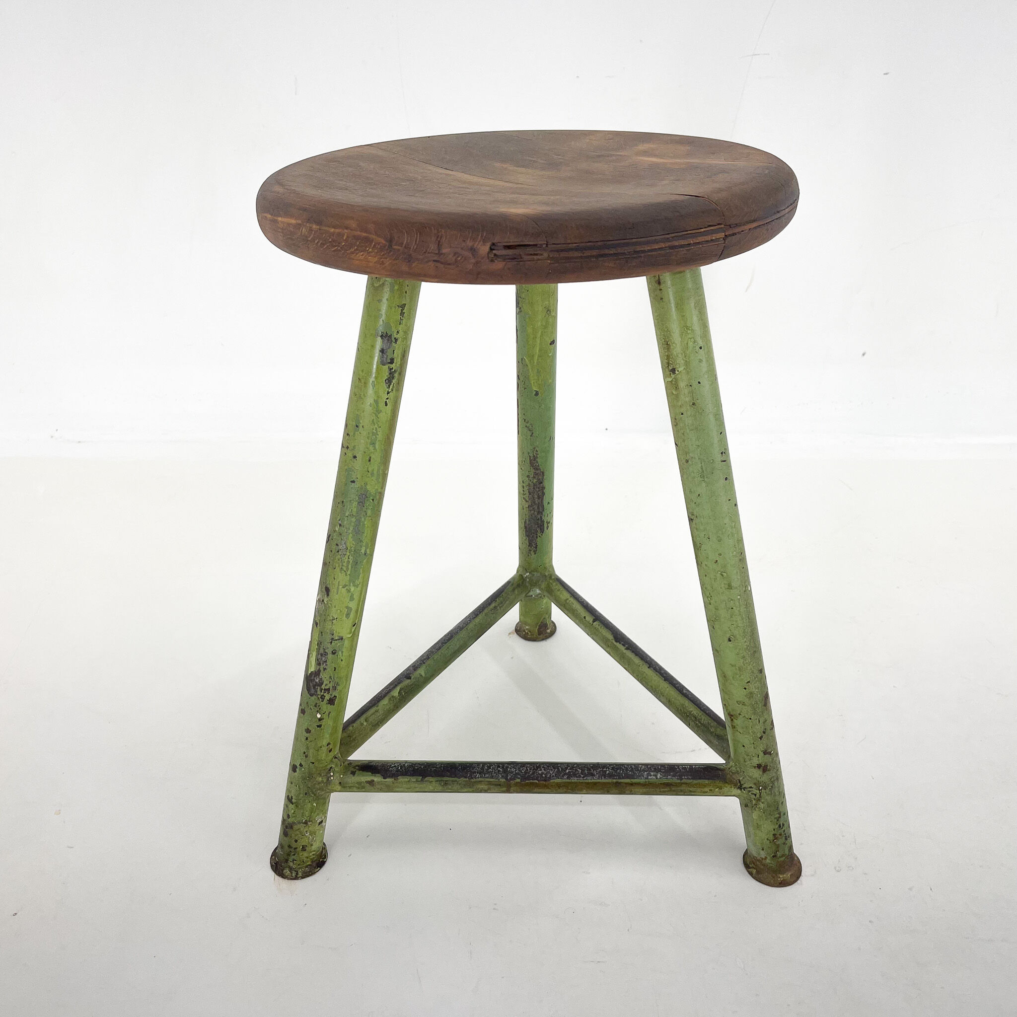 Vintage industrial steel & wood tripod stool, 1950's