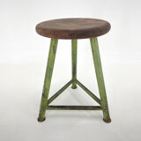 Vintage industrial steel & wood tripod stool, 1950's