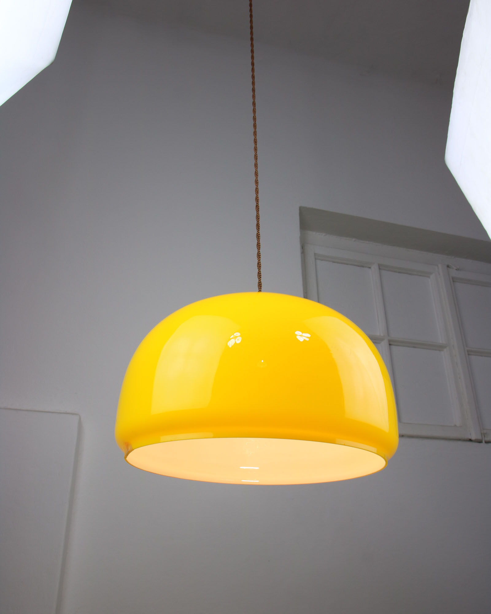 Mid-century Yellow Glass & Brass Pendant Lamp