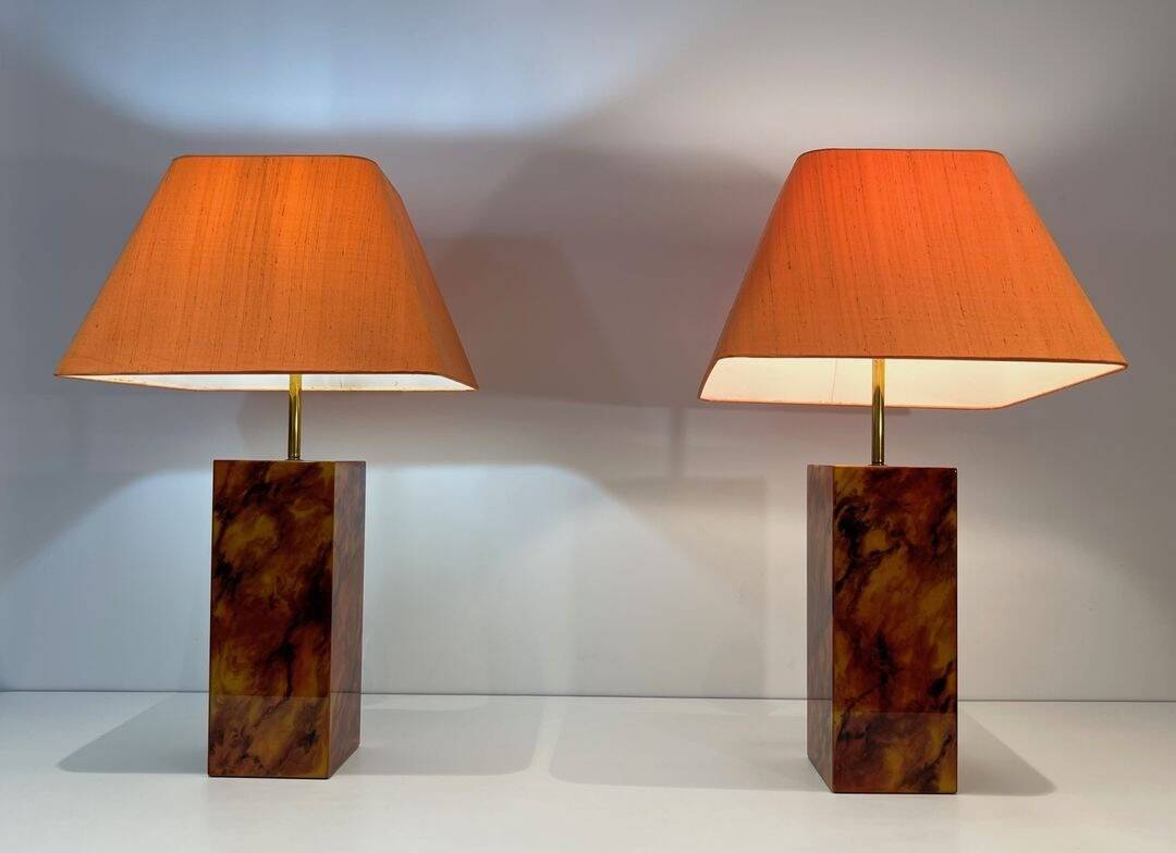 Pair of Plexiglass Lamps Imitating Tortoiseshell, French Work,