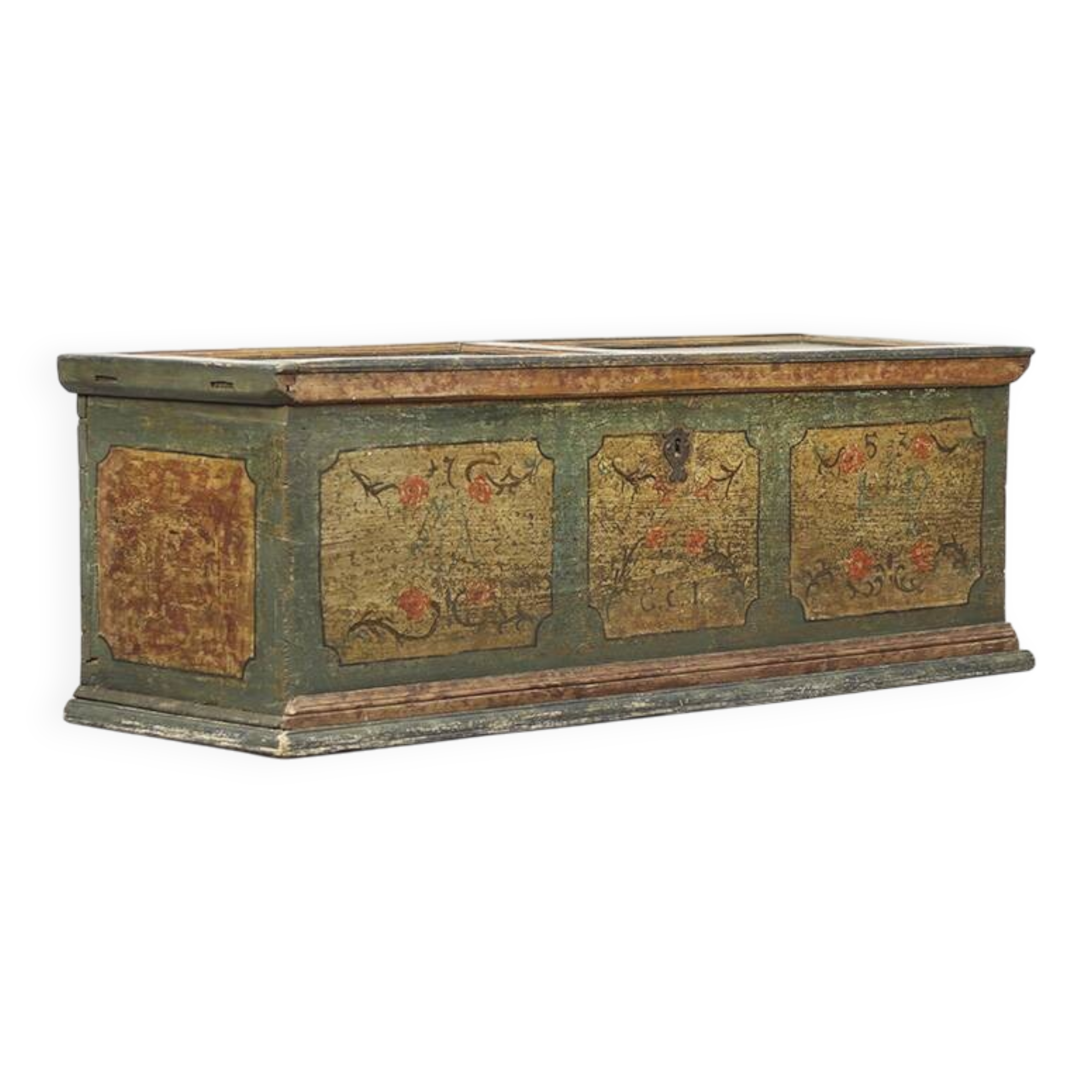 Coffre de mariée peint en art populaire ancien 1753