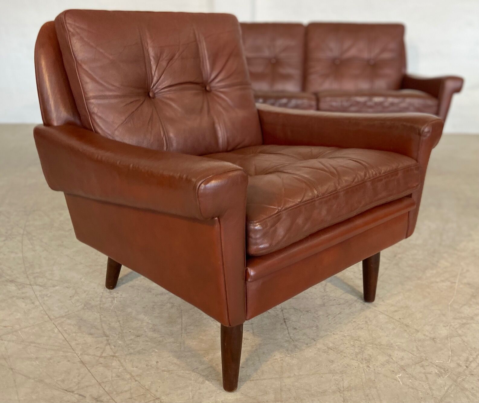 Danish mid-century Svend Skipper cognac 3 person sofa & lounge chair 1960s