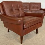 Danish mid-century Svend Skipper cognac 3 person sofa & lounge chair 1960s