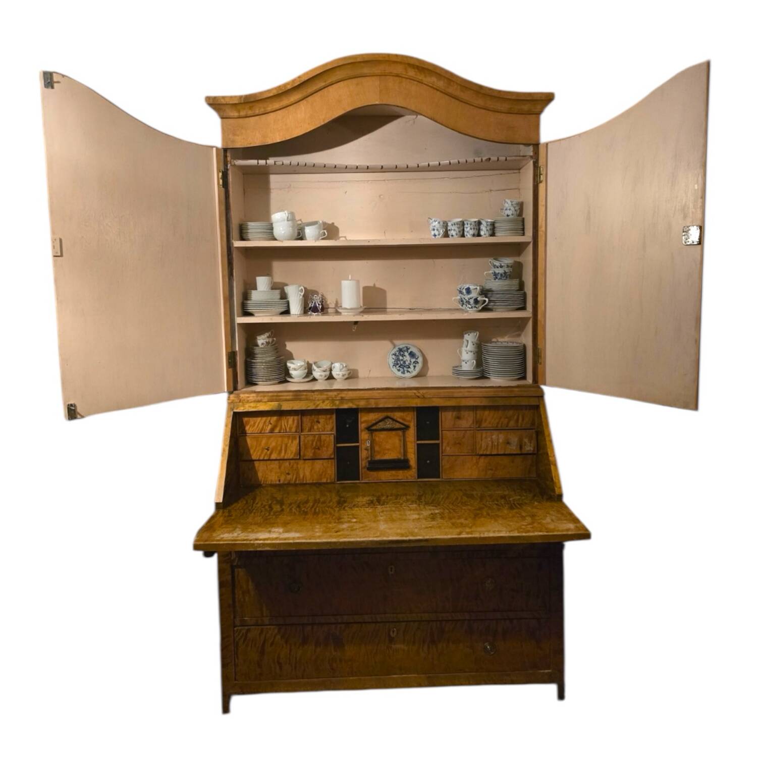 Grand Meuble Scandinave en Bouleau Flammé – XIXe Siècle – Écritoire